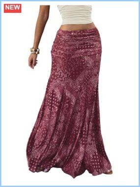 Boho Mesh Maxi Skirt Ruched Low Rise Fishtail Flowy Long Skirt
